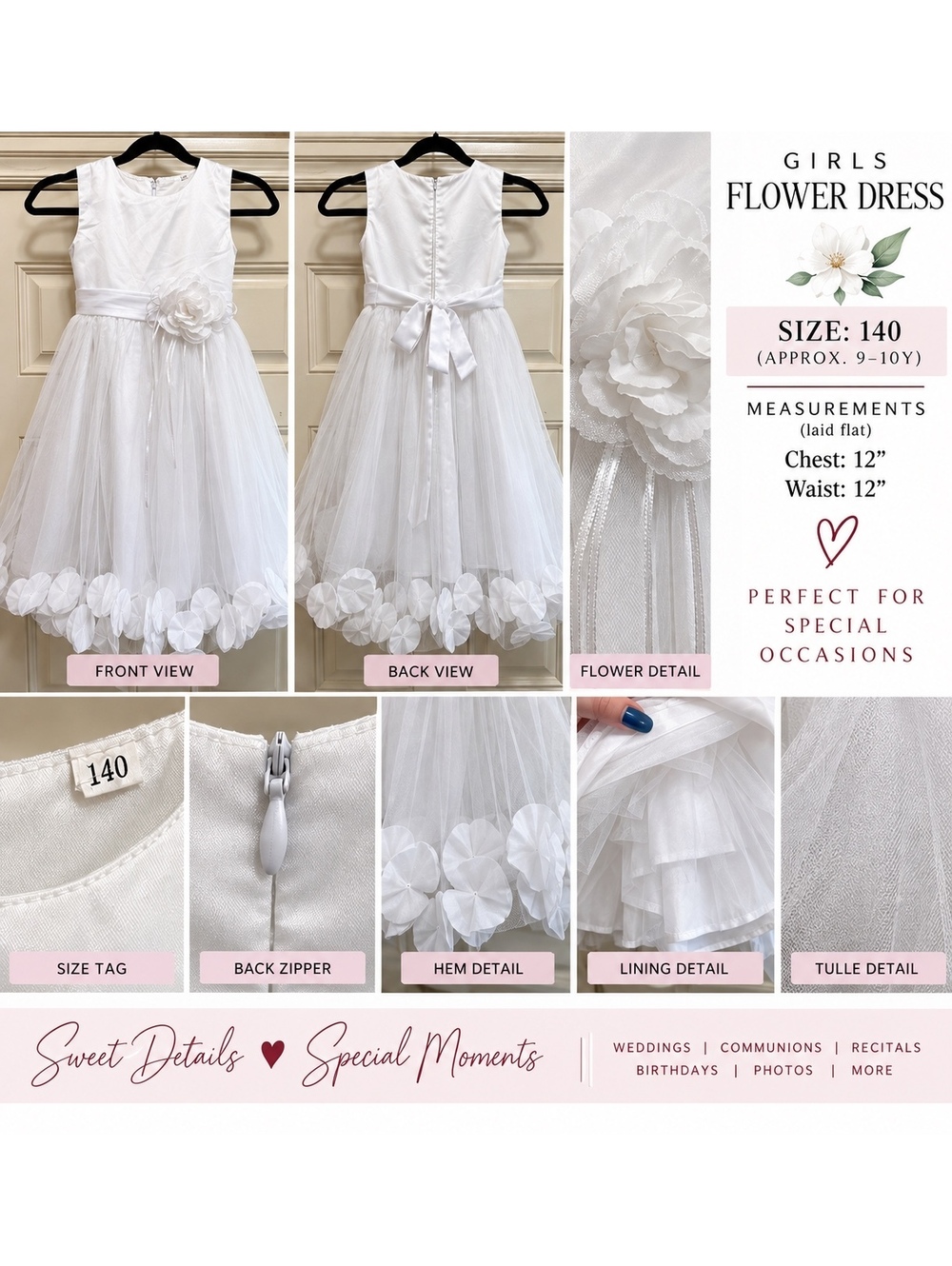 Girls White Flower Girl Communion Dress Size 140 Satin Tulle Floral Petal Gown